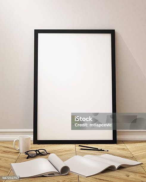 Work Space With Blank Canvas Coffee Glasses Books Stock Photo - Download Image Now