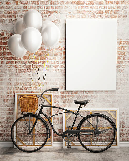 istock mock up poster with bicycle and balloons in loft interior 467236012