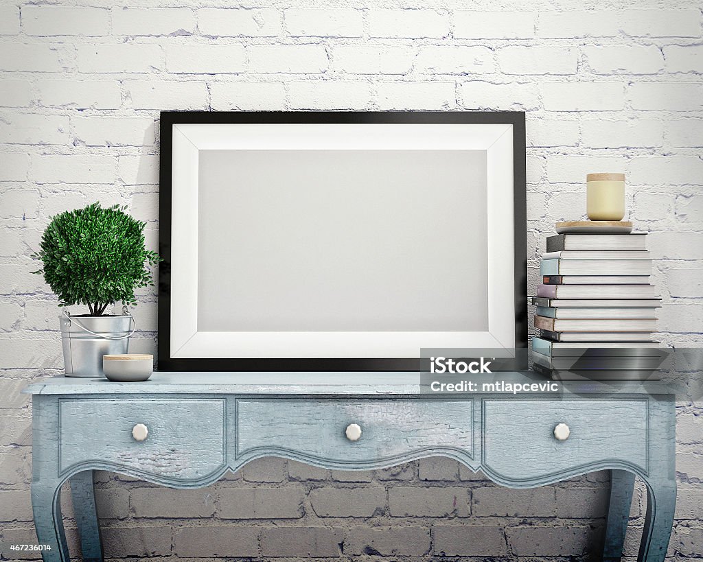 mock up in un poster vintage montatura in sfondo hipster in stile loft interno - Foto stock royalty-free di Cornice per foto