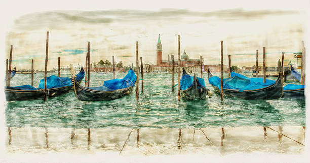 venetian gondole sull'acqua acquerello - venice italy gondola italian culture italy foto e immagini stock