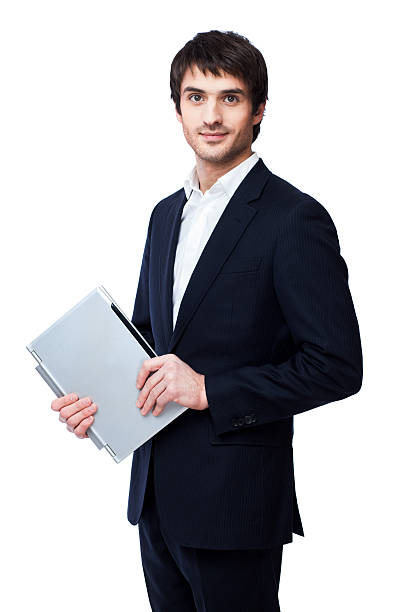 istock Young businessman use laptop on white background. 467236769