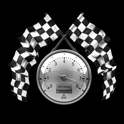 tachometer. Two crossed checkered flags isolated on black background High resolution 3d render