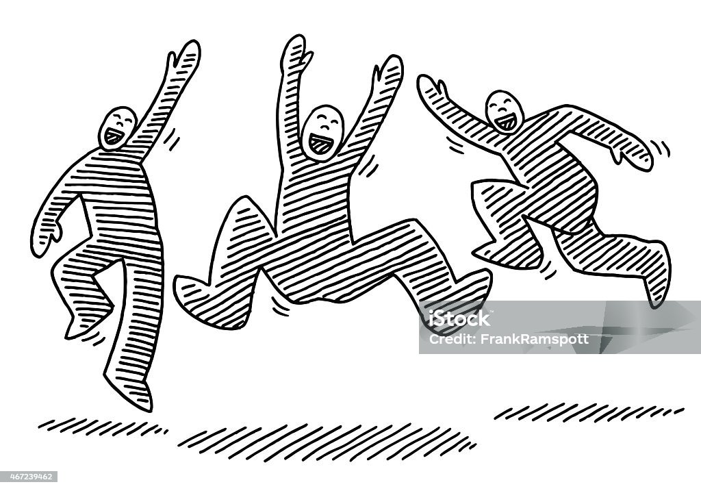 Jumping Happy Stick Figures Drawing Hand-drawn vector drawing of three Jumping Happy Stick Figures. Black-and-White sketch on a transparent background (.eps-file). Included files are EPS (v10) and Hi-Res JPG. Stick Figure stock vector