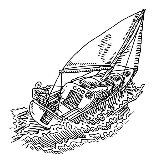 illustrazioni stock, clip art, cartoni animati e icone di tendenza di figura fatta con bastoncini sulla barca a vela in mare increspato disegno - rough waters