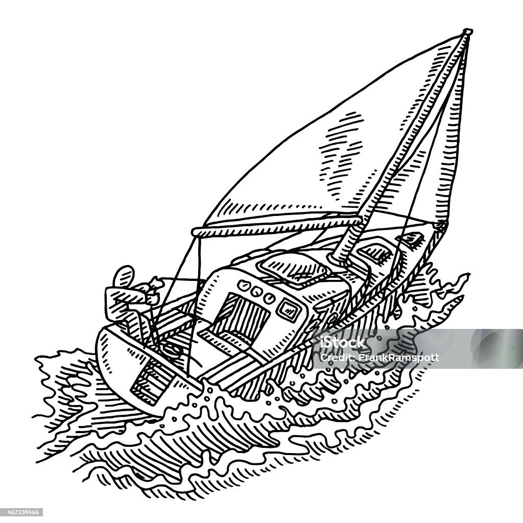Stick Figure On Sailing Boat In Rough Waters Drawing Stock ...