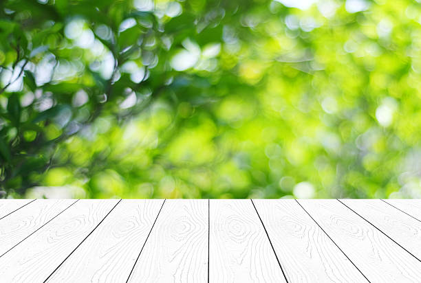 istock Empty perspective white wood over blurred trees with bokeh background 467241926