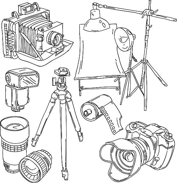 illustrazioni stock, clip art, cartoni animati e icone di tendenza di attrezzatura fotografica collezione - pencil drawing flash