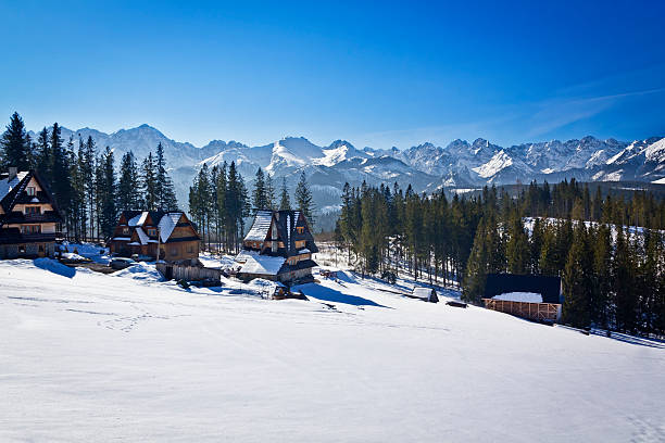 invierno mañana vista de las montañas tatra - ski resort hut snow winter fotografías e imágenes de stock