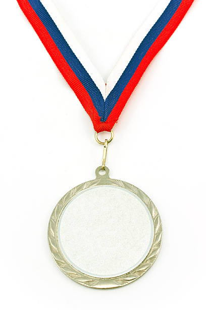 istock Silver medal with color stripes isolated on white 467243411