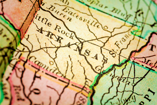Arkansas State, on an old 1880's map. Selective focus and Canon EOS 5D Mark II with MP-E 65mm macro lens.