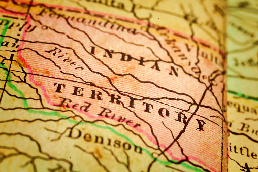 Indian Territory, on an old 1880's map. Selective focus and Canon EOS 5D Mark II with MP-E 65mm macro lens.