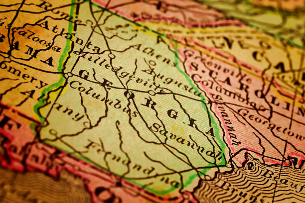 Georgia State, United States Georgia State, on an old 1880's map. Selective focus and Canon EOS 5D Mark II with MP-E 65mm macro lens. georgia us state photos stock pictures, royalty-free photos & images