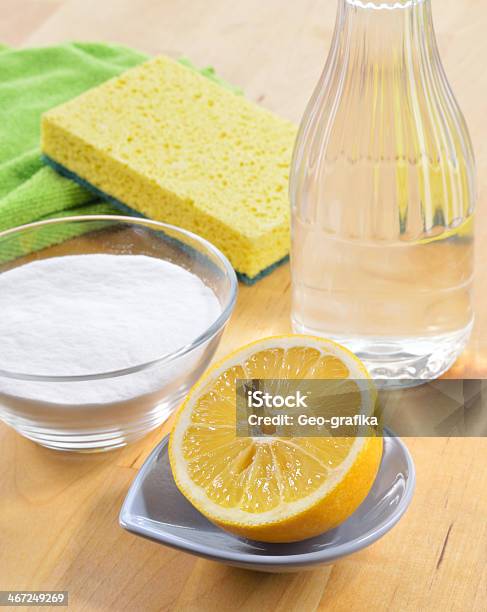 Natural Cleaners Vinegar Baking Soda Salt And Lemon Stock Photo - Download Image Now