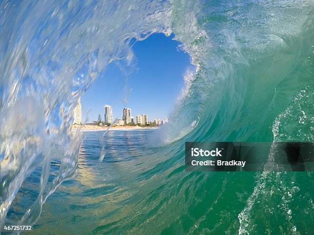 Inside A Wave Breaking On The Beach With Blue Sky Stock Photo - Download Image Now - Gold Coast - Queensland, Australia, Wave - Water