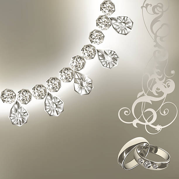 Celebratory background Celebratory monochrome background with diamond necklace, floral pattern and wedding rings. Files include: Illustrator CS5, Illustrator 10.0 eps, SVG 1.1, pdf 1.5, JPEG 300 dpi, organized by layers, easy to edit. diamond necklace stock illustrations