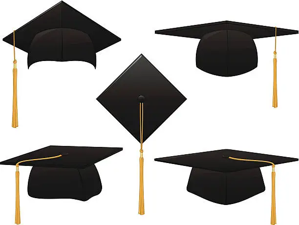 Vector illustration of Five black graduate hats in different positions