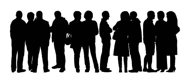 large group of people silhouettes set 7 black silhouette of a large group of people talking standing in different postures old ladies gossiping stock illustrations