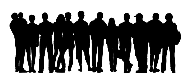 black silhouette of a large group of different people standing outdoor in different postures, back view