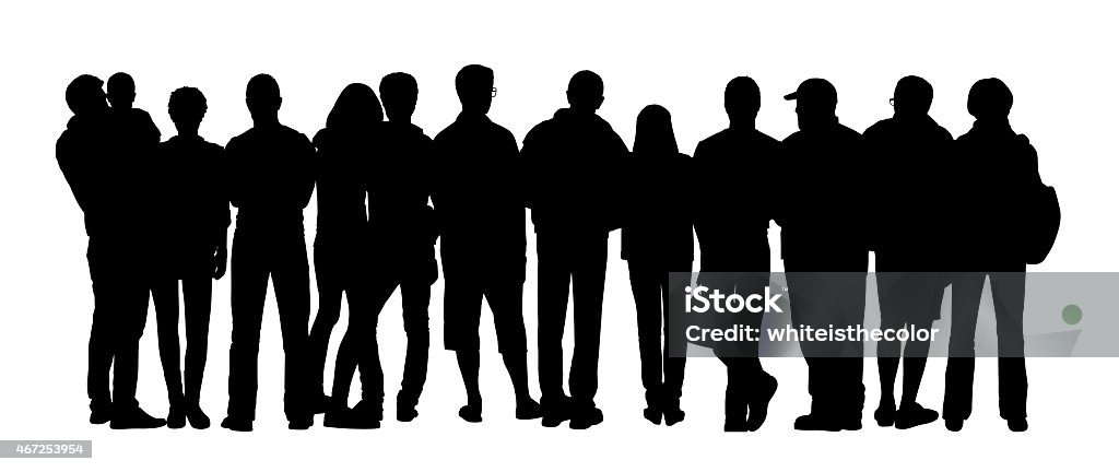 large group of people silhouettes set 4 black silhouette of a large group of different people standing outdoor in different postures, back view In Silhouette stock illustration