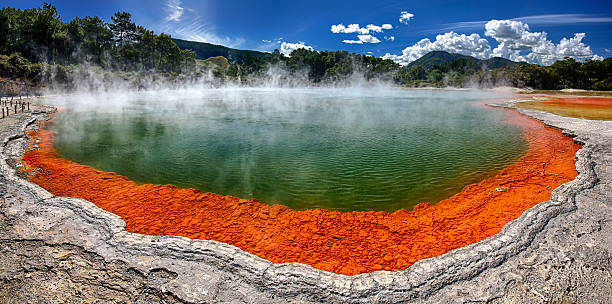 The beautiful Champagne Pool at Wai-O-Tapu, New Zealand Thermal lake Champagne Pool at Wai-O-Tapu Thermal Wonderland near Rotorua, New Zealand (HDR panorama) rotorua stock pictures, royalty-free photos & images