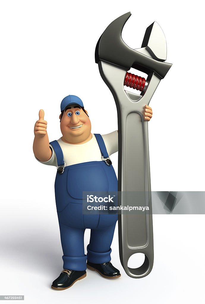 Mechaniker mit Stollenschlüssel - Lizenzfrei Anstrengung Stock-Foto