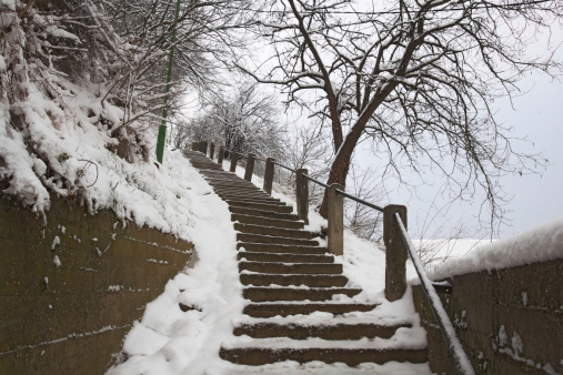 Stairs uphill in winter time.