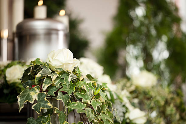 Ivy and white roses in an urn with candles stock photo