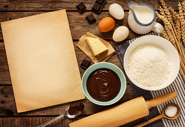 istock Baking chocolate cake. Ingredients and blank paper - background. 467258216