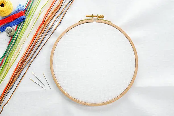 Embroidery set. White linen fabric, embroidery hoop, colorful threads and needls. Copy space.
