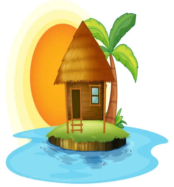 Vector illustration of island with a small hut