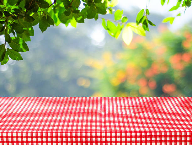 istock Table with red tablecloth and blur trees with bokeh background 467261800