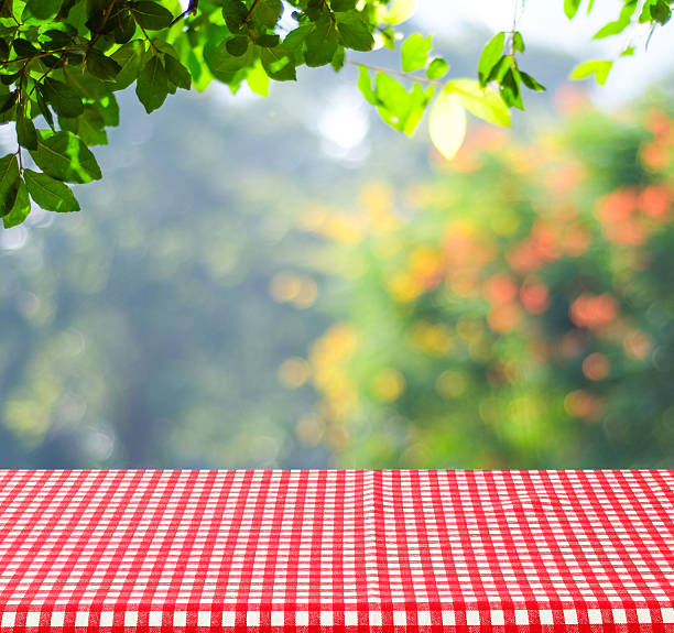 istock Table with red tablecloth and blur trees with bokeh background 467261804
