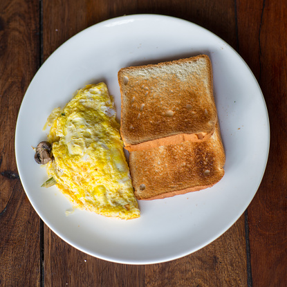 A white plate on a dark wooden table with a mushroom omelette and to pieces of toast.