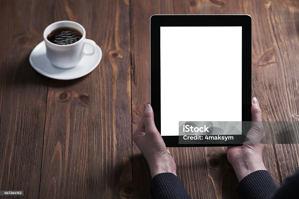 woman hand presses on screen digital tablet 2015 Stock Photo