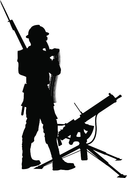Mashine gunner.Warriors theme First world war soldier with mashine gun detailed vector silhouette. EPS 8 battlefield backgrounds stock illustrations