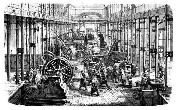 istock Antique illustration of mechanical industry factory, workers and machines 467271100
