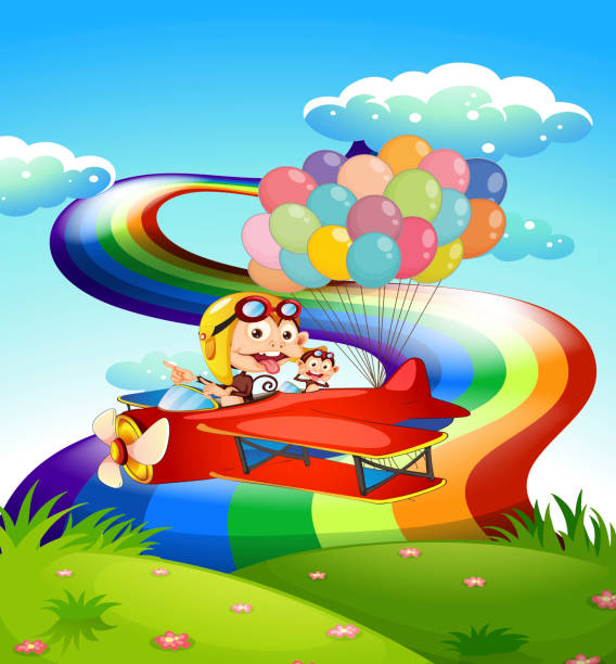 플레이풀 원숭이 한 버즘 갖춘 풍선 - computer graphic multi colored single flower cloud stock illustrations