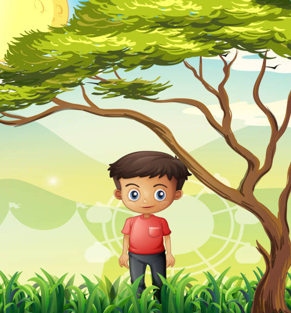 illustrazioni stock, clip art, cartoni animati e icone di tendenza di giovane uomo in piedi in campo vicino all'albero gigante - noontime