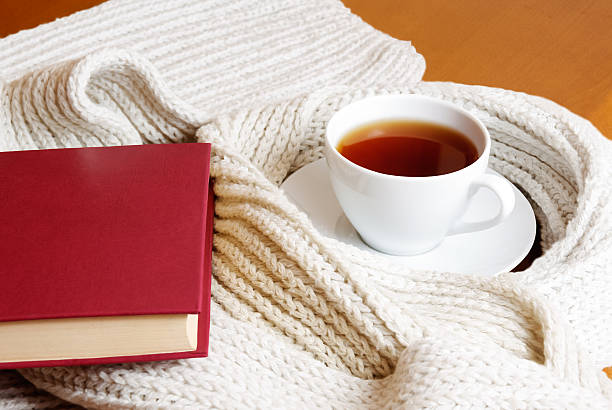 istock Cup of tea, scarf and book 467277544