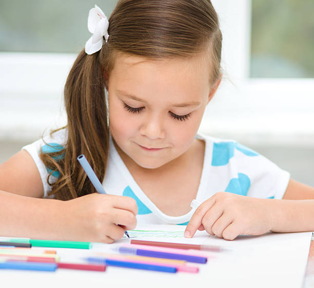 istock Little girl is drawing using pencils 467279861