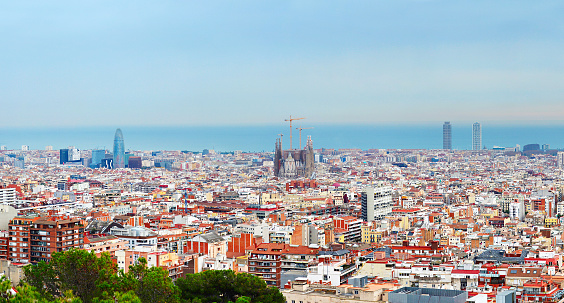 Wide panoramic view of Barcelona. Sagrada Familia in the center. Spain