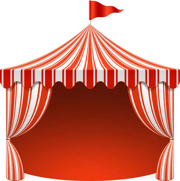 Vector illustration of A unique white and red striped circus tent that is opened up