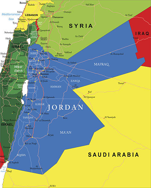Jordan map Detailed map of Jordan. dead sea stock illustrations