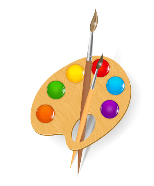 istock Wooden art palette with paints and brushe 467286373