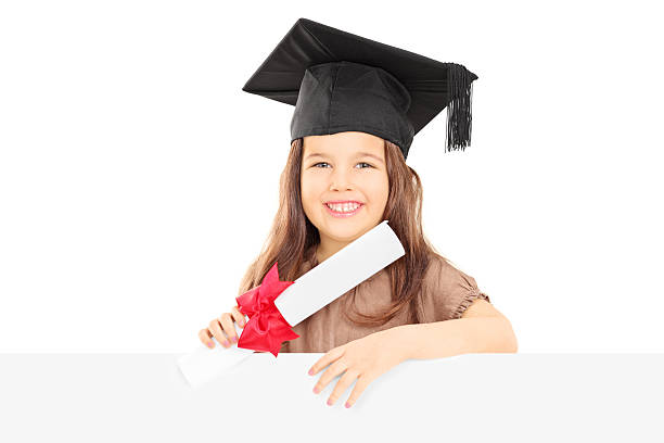 istock Cute girl with graduation hat behind panel holding a diploma 467286721