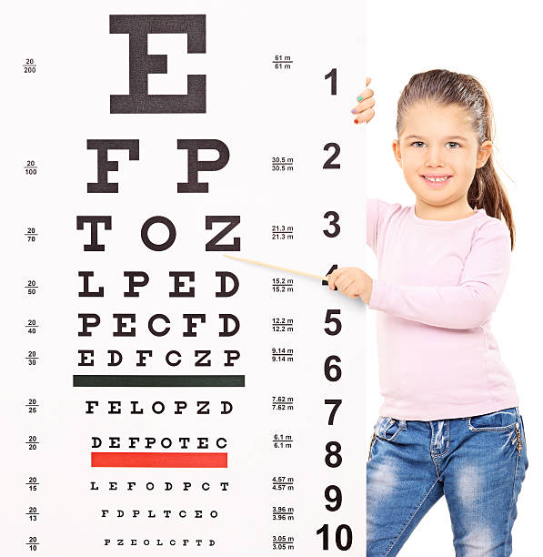 istock Cute little girl pointing at an eyesight test with stick 467288835