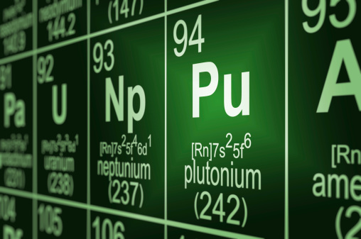 Detail of a partially blurred periodic table of the elements. Focus on plutonium