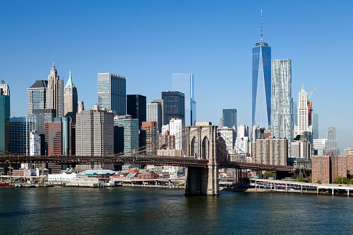 The New York City skyline at afternoon w the Freedom tower and Brooklyn bridge