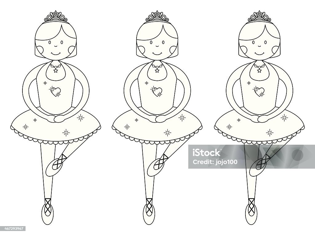 Row of Three Ballerinas Wearing Tutus to Colour In. Three cute smiling ballerinas in a row, all wearing tutus and tiaras. Vector line drawings, ideal for printing out and colouring in. In Plie pose. Ballet stock vector