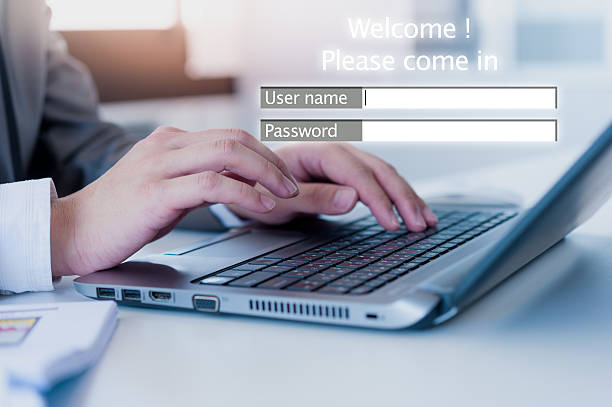 istock businessman using laptop loging in to website, business security 467294174